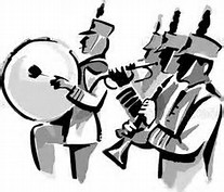 Illustration of four marching band members, playing drums, trumpe, clarinet, flute Illustration of four marching band members, playing drums, trumpe, clarinet, flute